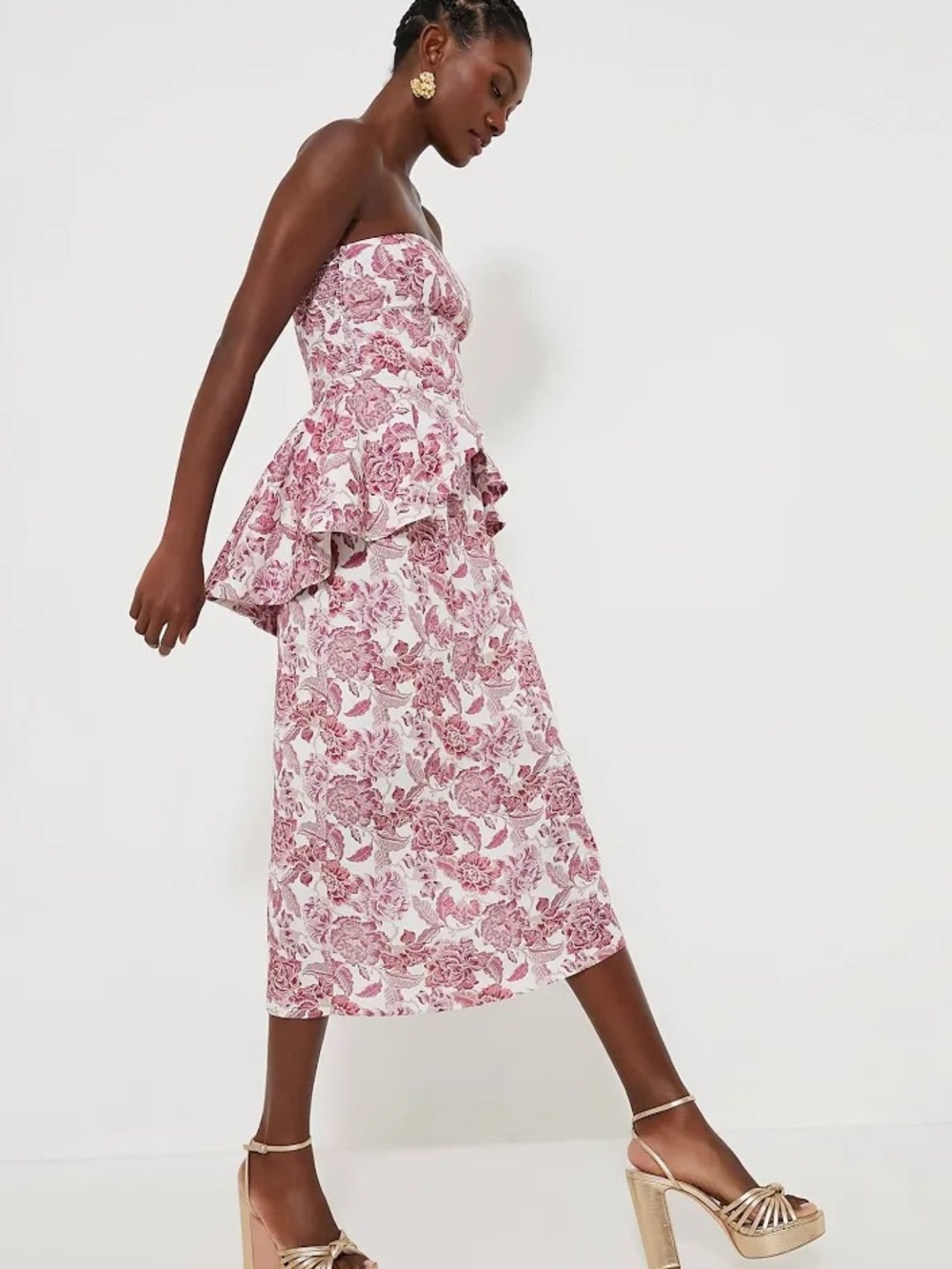 Hyacinth House Rosewood Floral Roxanne Strapless Peplum Midi Dress XXS